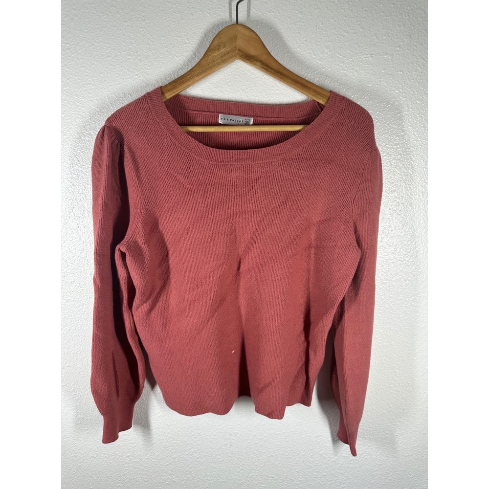 Retrology Sweater Womens XL Pink Ribbed Knit Puff Sleeve Pullover Crew Neck